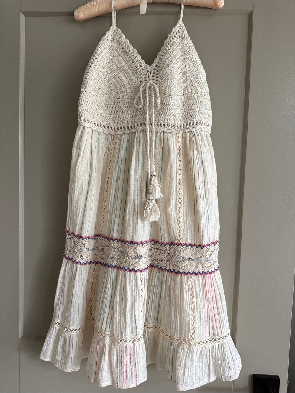 Crochet Bodice Boho Maxi Dress with Pastel Stripes